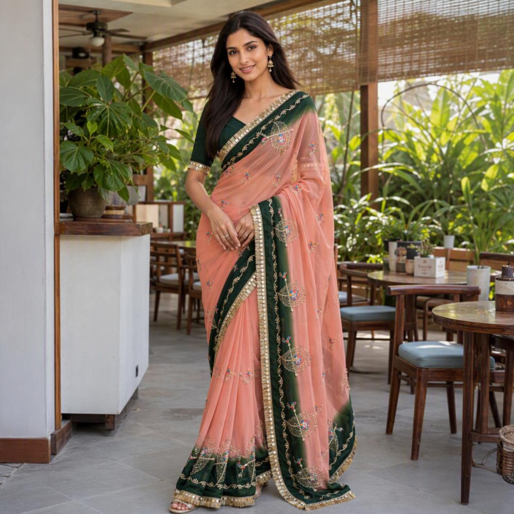 White Georgette Saree with Rajwadi Sequence Work and Less Border