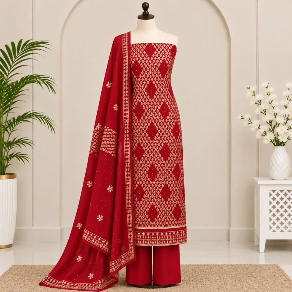 Unstitched Georgette Suit with Embroidery and Dewdrop Work