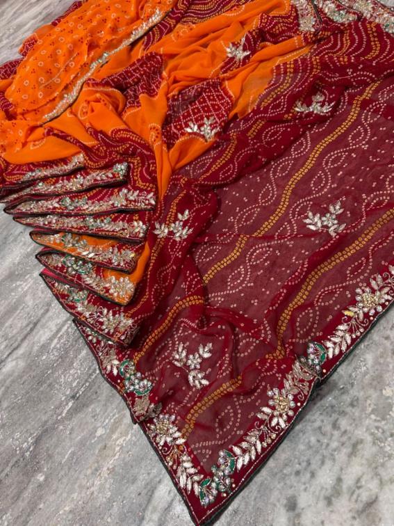 Pure Georgette Viscose Bandhej Print Saree with Handwork Border