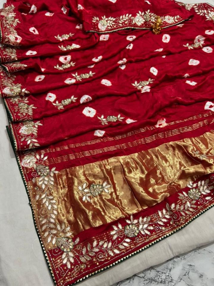 Pure Gajji Silk Handwork Bandhej Red Saree With Blouse