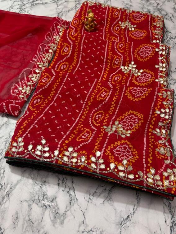 Red Synthetic Georgette Saree with Heavy Handwork Border