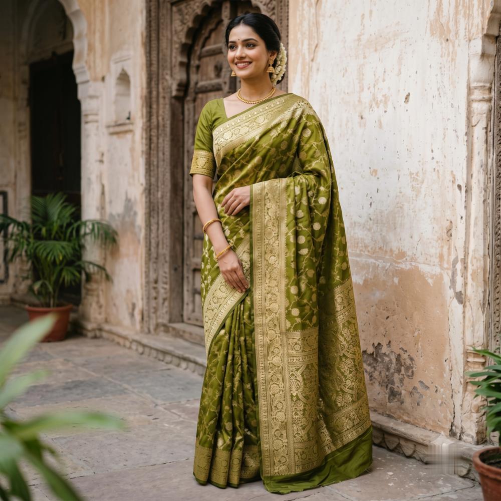 Olive Green Silk Saree with Golden Zari Floral Weaving and Rich Border