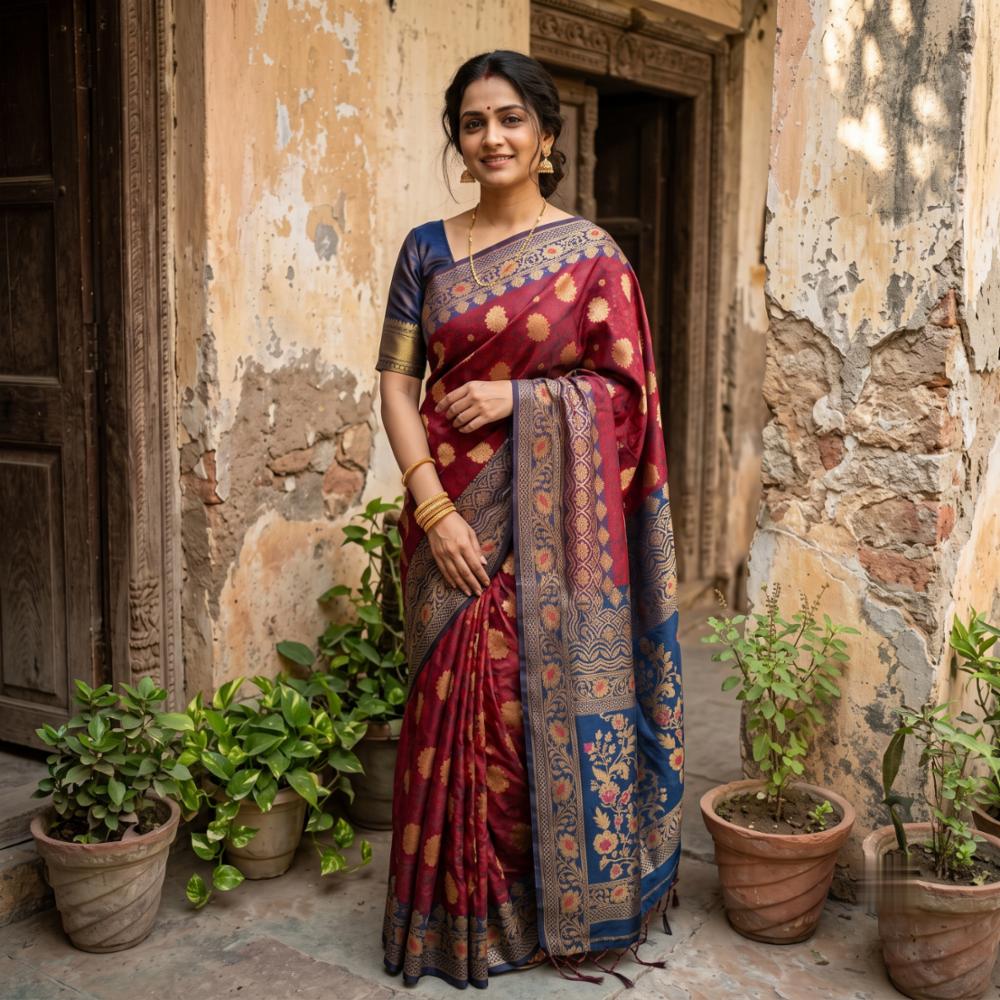 Maroon and Royal Blue Silk Saree with Golden Zari Floral Motifs and Contrasting Blouse
