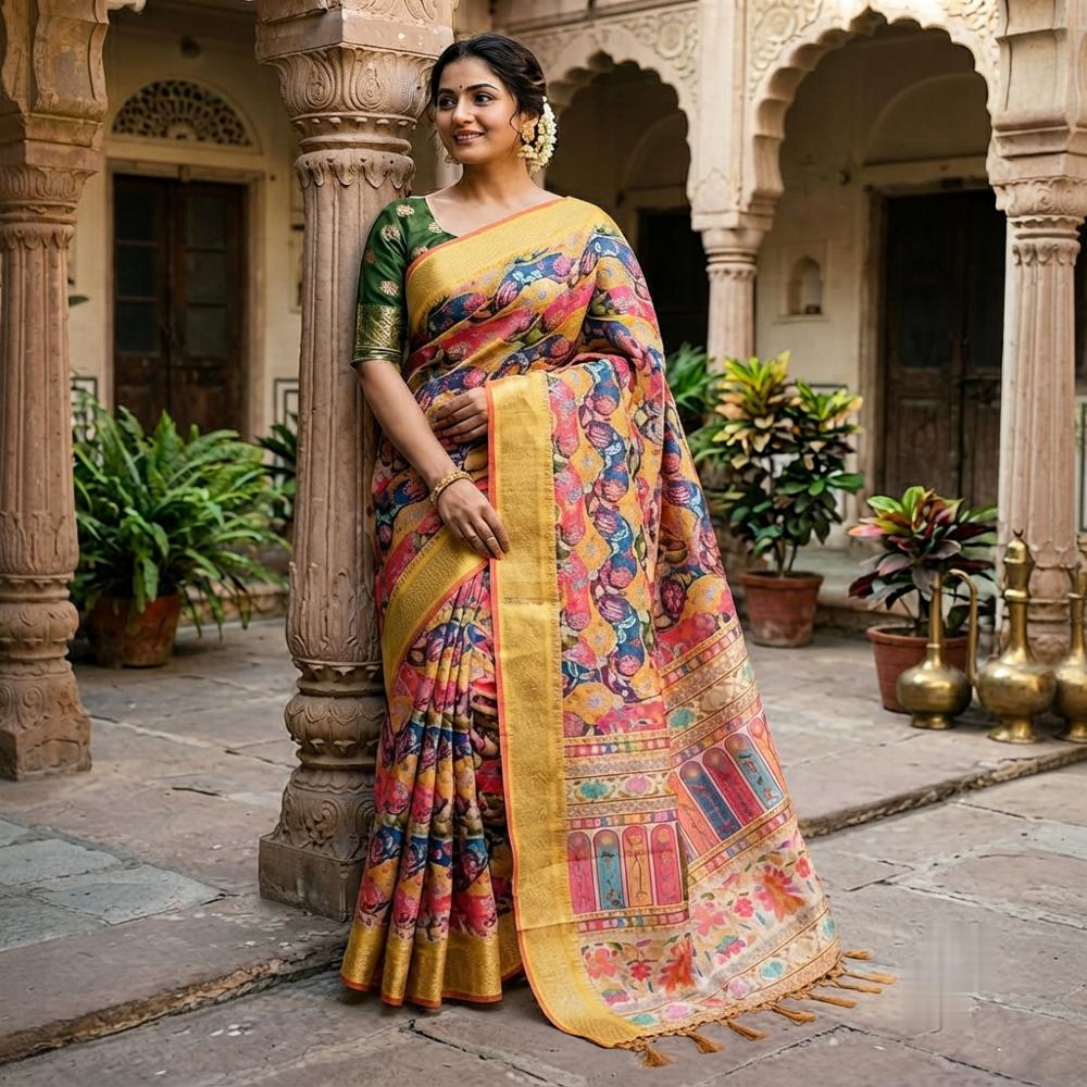 Women's Multicolor Kota Doriya Semi Silk Saree with Traditional Print, Zari Border & Blouse