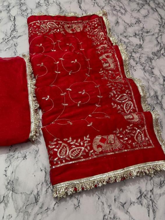 Red Simmer Chiffon Self Embroidery Saree with Running Blouse