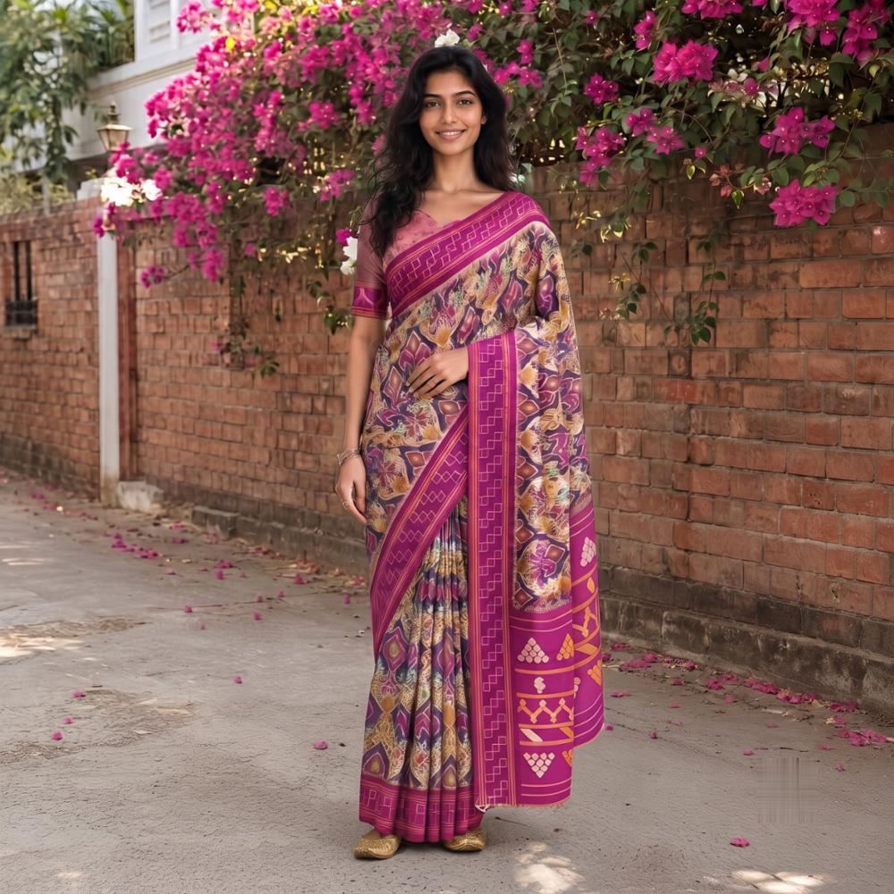 Viscose Silk Jacquard Saree with Minakari Weaving & Digital Ikkat Print