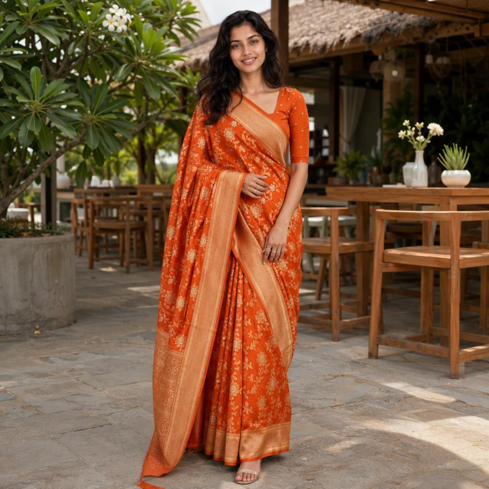 Pure Banarasi Khadi Dola Silk Saree with Gold & Silver Zari Work