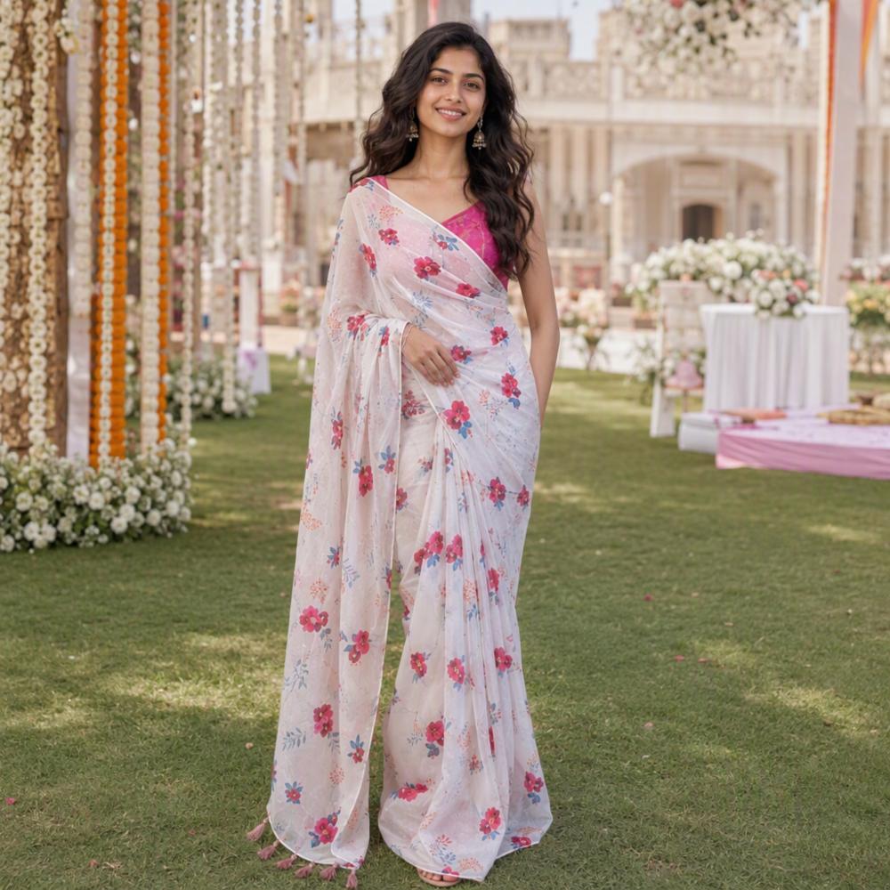 Premium Tabby Silk Floral Print Saree with Real Mirror Work & Designer Tassels