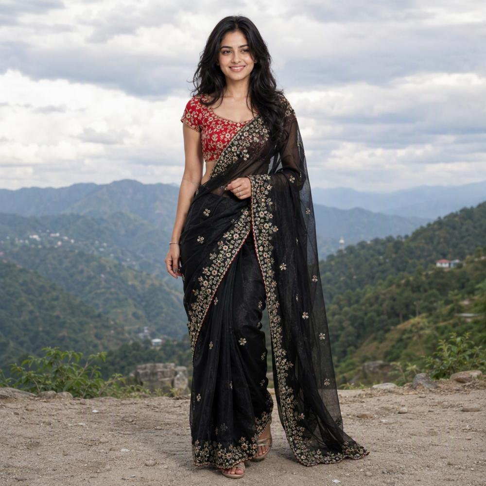 Pure Fandy Satin Saree with Sequence Work and Stitched Blouse