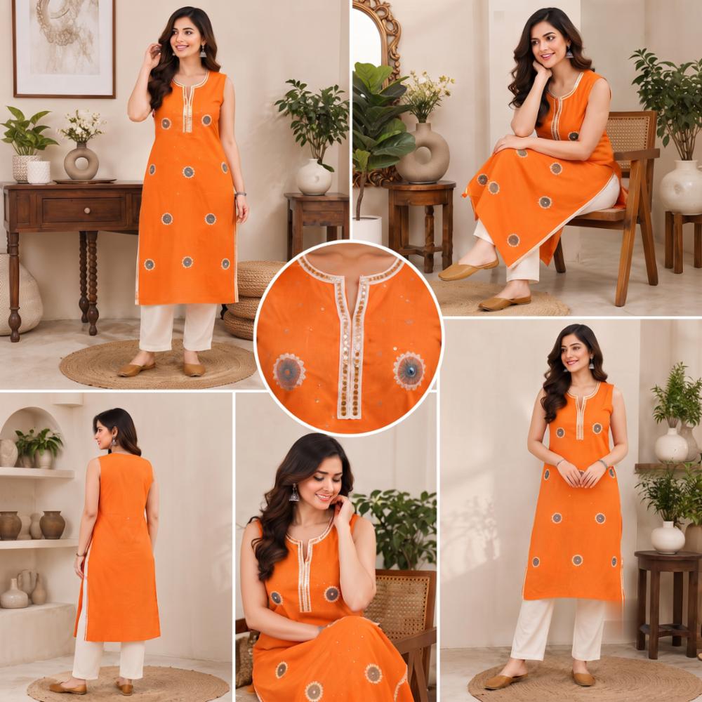Women's Orange Cotton Sleeveless Kurti with Handwork and Pant