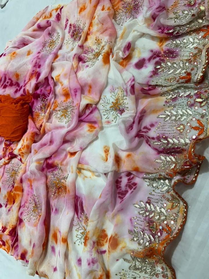 Pure Georgette Viscose Saree with Fancy Handwork and Contrast Blouse