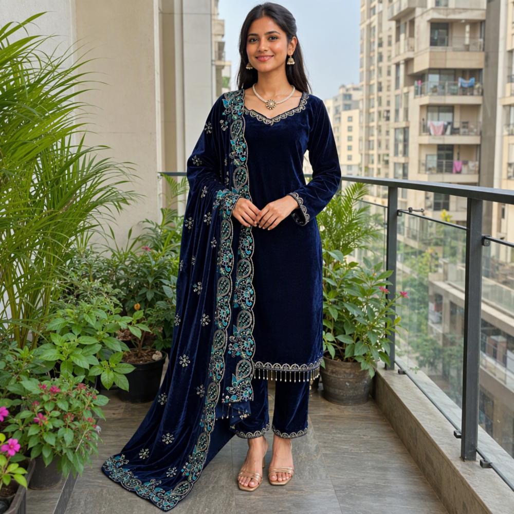 Womenâs Heavy Viscose Velvet 3-Piece Suit Set with Thread