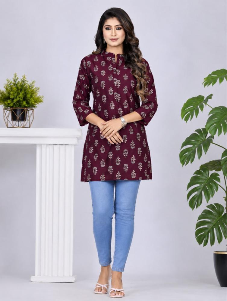 Maroon Floral Printed Muslim Short Kurti