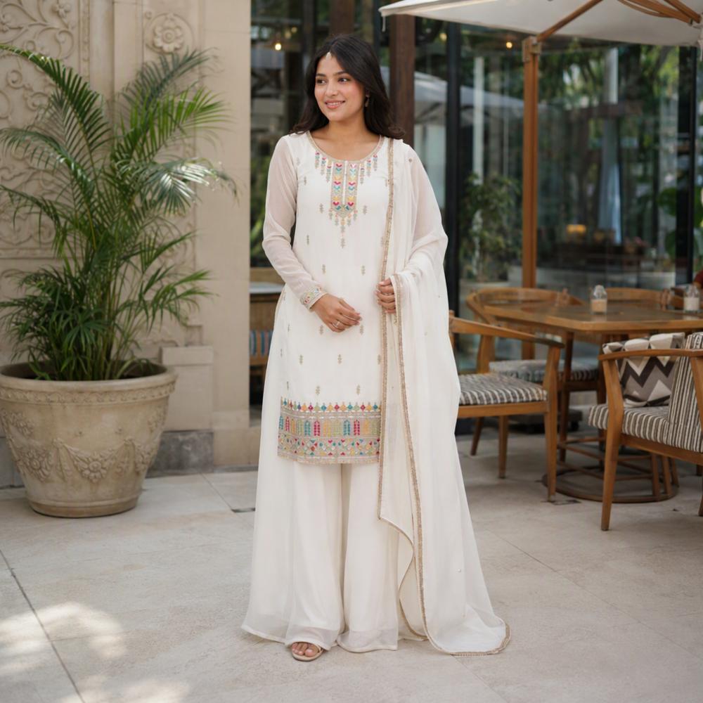 Pure Crunchy Silk Embroidered Kurta Sharara Dupatta Set