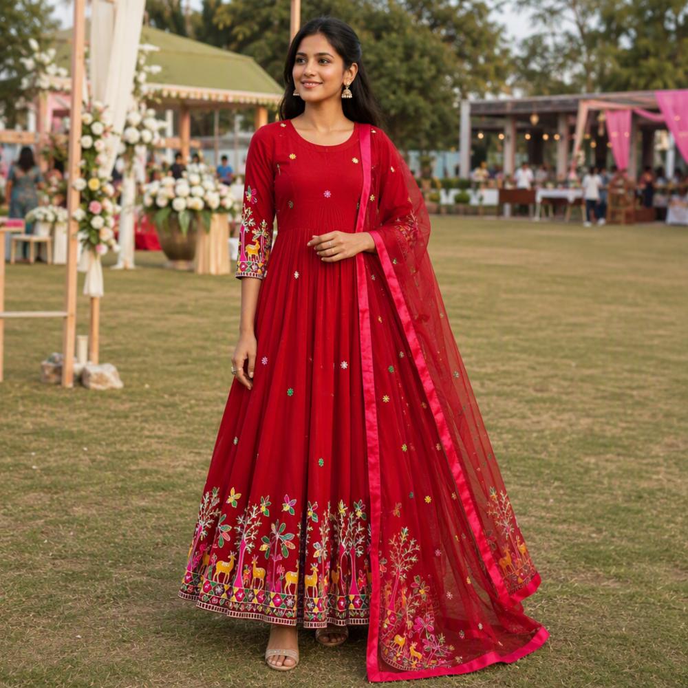 Pure Fox Georgette Embroidered Gown Set with Dupatta and Pant
