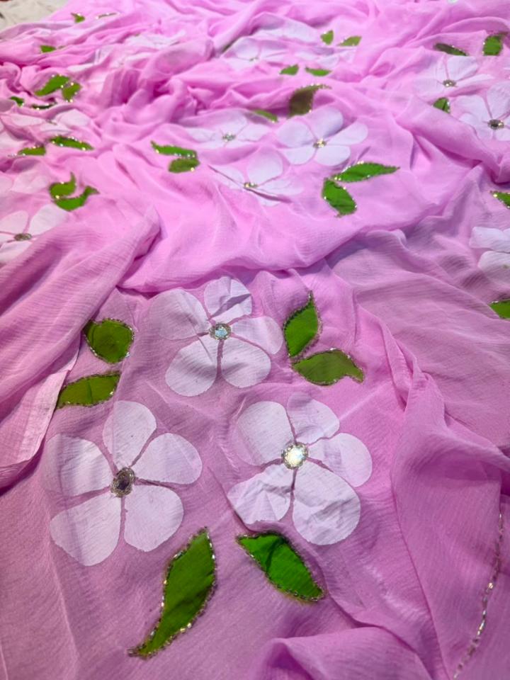 New Launch Semi Chiffon Saree with Brush Print & Handwork