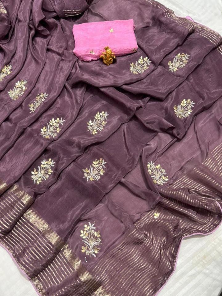 Pure H.O Silk Zari Saree with Zardozi Work and Contrast Blouse