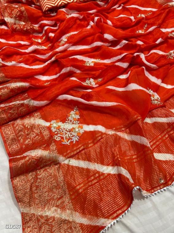 Pure H.O Silk Zari Lahriya Saree With Handwork And Blouse