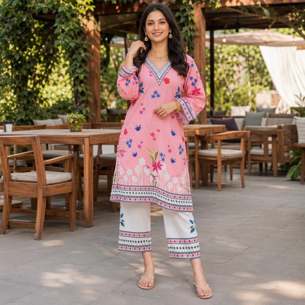 Pure Crepe Digital Print Co-ords Set with Plazzo and Full Sleeve Top