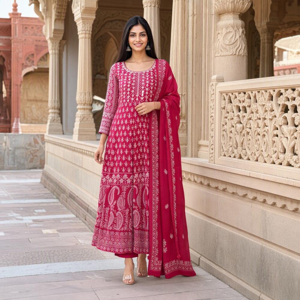 Fox Georgette Embroidered Gown Pant Dupatta Set