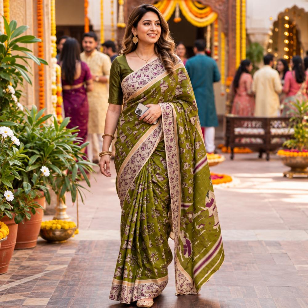 Pure Mul Mul Cotton Kalamkari Print Saree With Blouse Piece