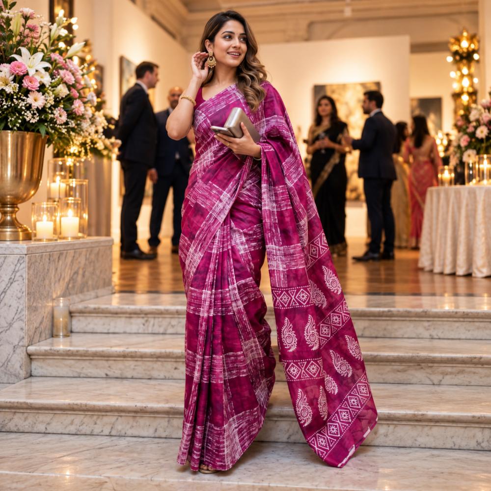 Mulmul Cotton Blend Saree with Kalamkari Figurine Print