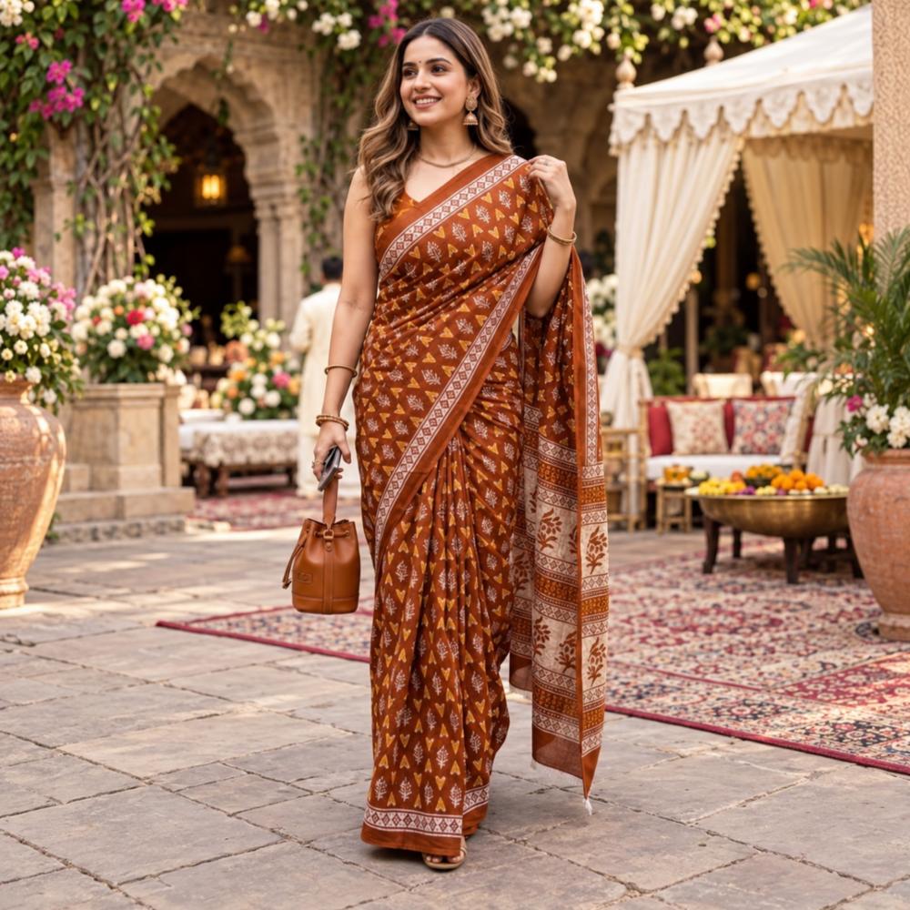 Mulmul Cotton Blend Kalamkari Print Saree with Blouse Piece