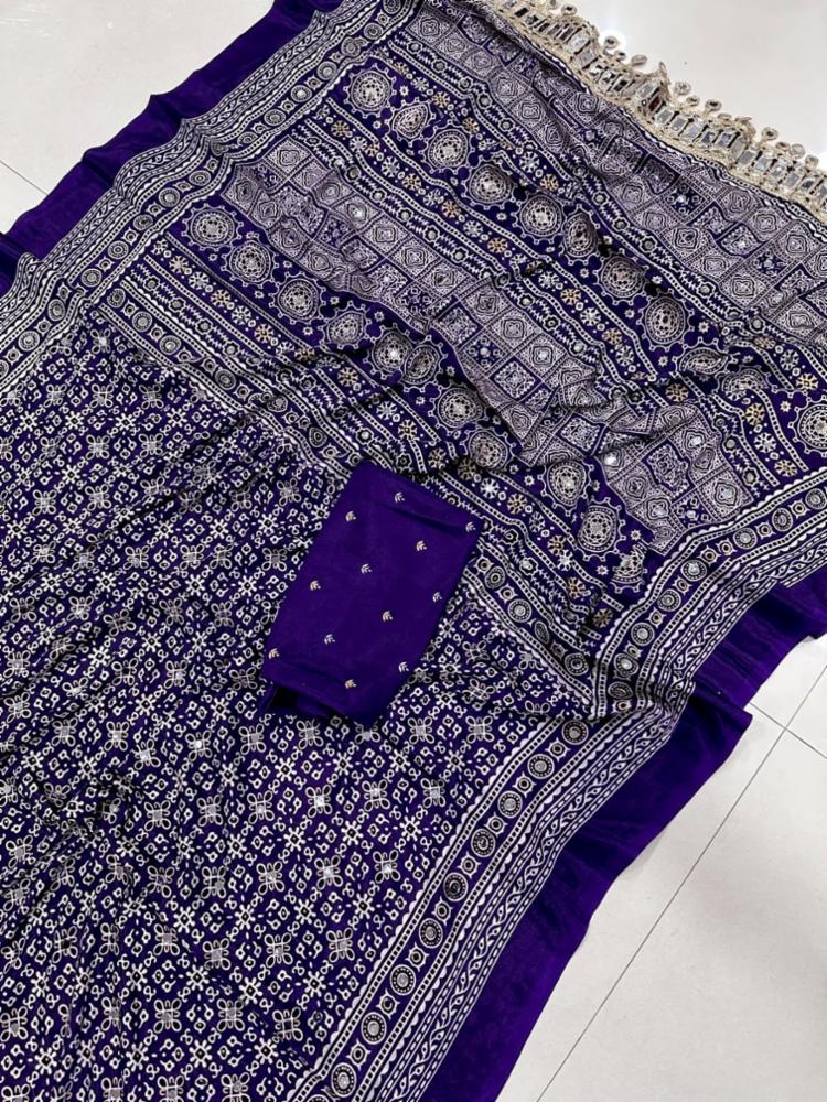 Ajrakh Satin Viscose Silk Saree with Mirror Work