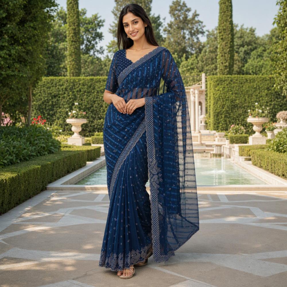 Georgette Siroski Dimand Work Saree with Unstitched Blouse Piece