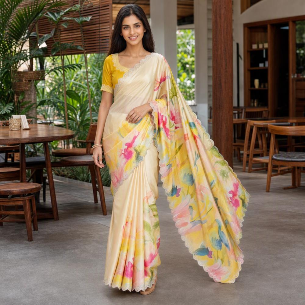 Maheshwari Silk Saree with Cut Work and Diamond Work Blouse