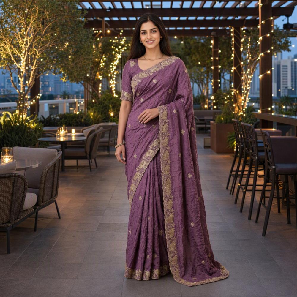 Rangoli Crush Saree with Fancy Sequin Embroidery and Golden Lace Border