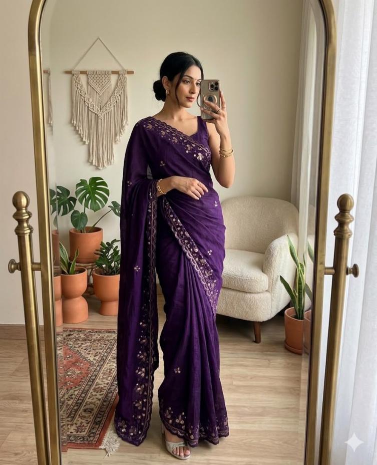 Soft Crush Silk Saree With Sequin & Thread Embroidery Work