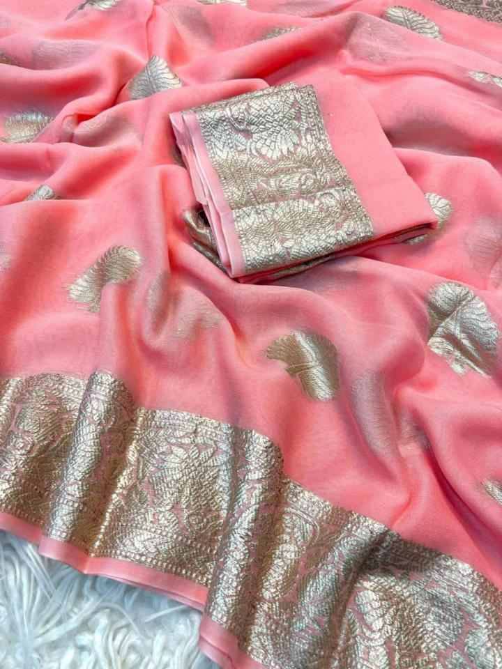 Women's Coral Pink Pure Viscose Georgette Saree with Golden Leaf Jacquard Border