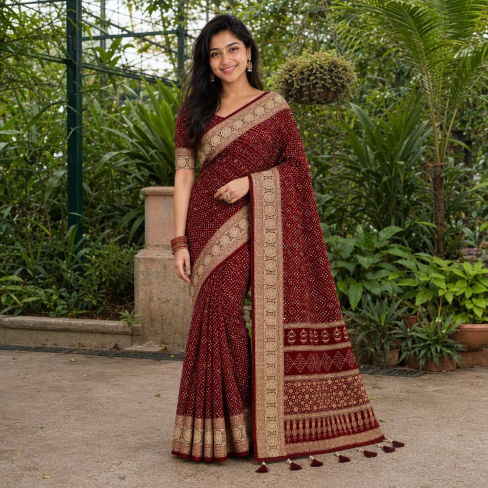 Cotton Ajrakh Print Saree with Blouse Piece