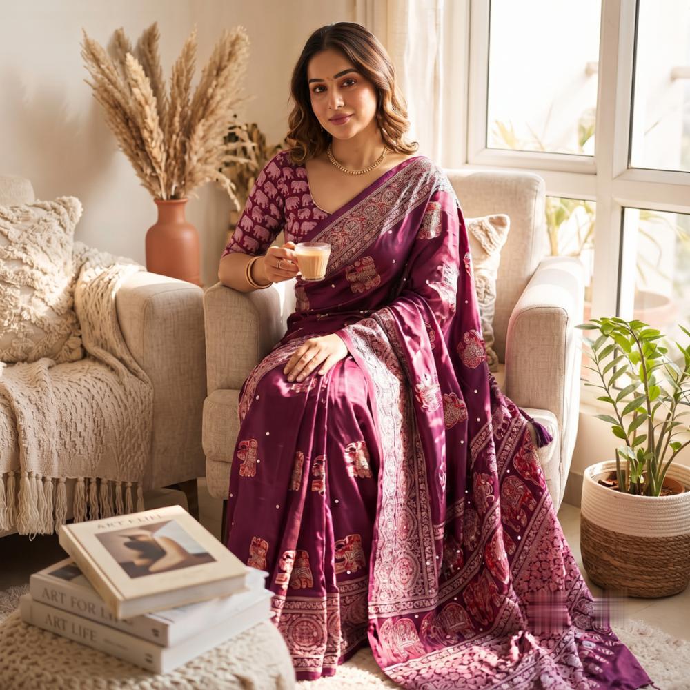Japan Satin Ajrakh Print Saree with Real Mirror Work & Designer Latkans