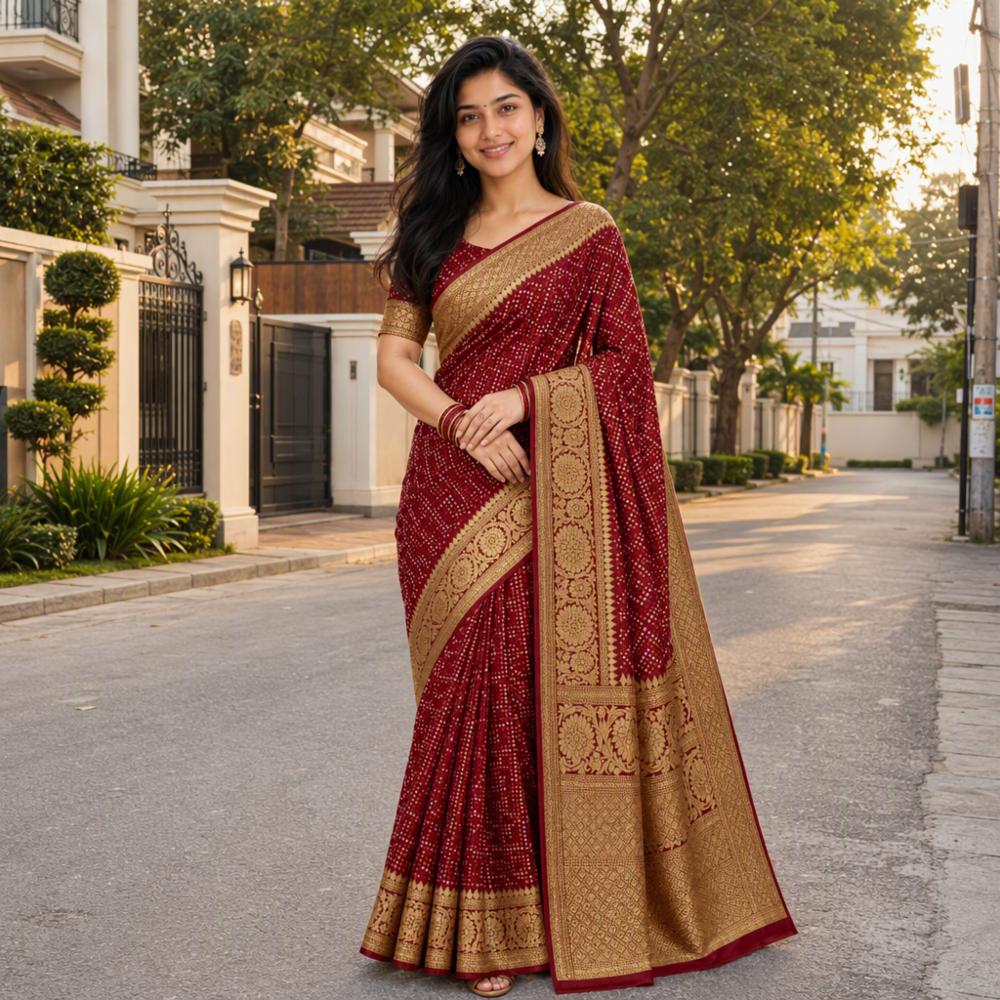 Premium Maroon Bandhani Art Silk Saree with Heavy Golden Zari Border