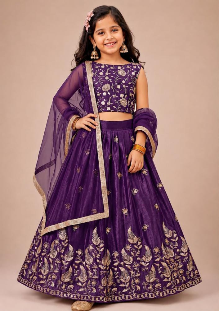 Girls Sinon Silk Embroidered Lehenga Choli with Net Dupatta