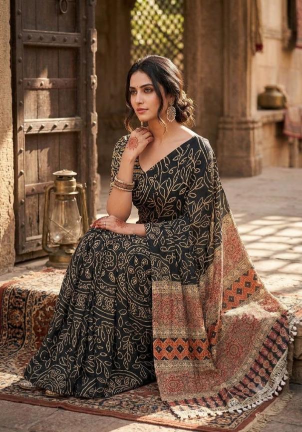 AJRAKH Pure Gajji Soft Silk Bandhej Saree with Mirror Work