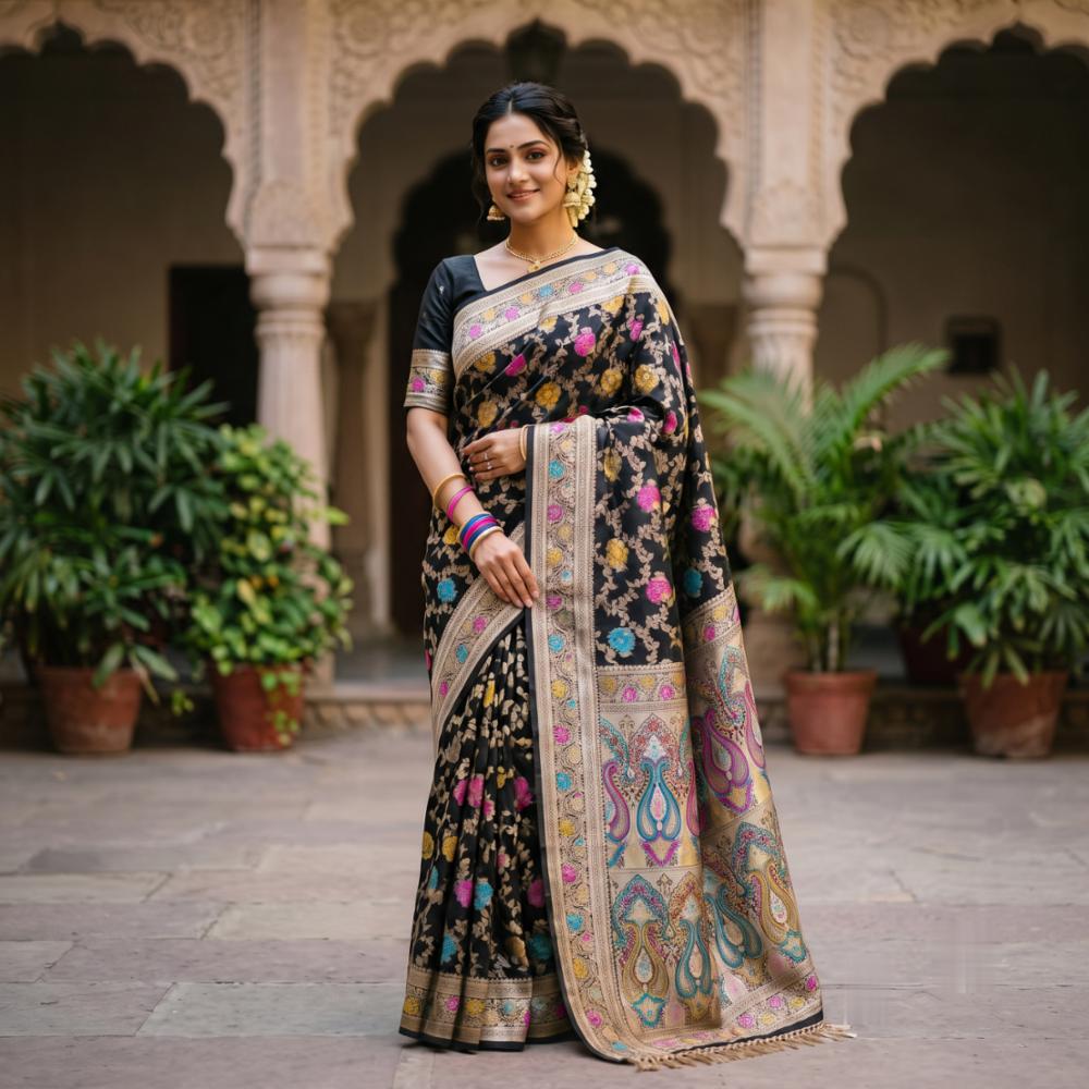 Black Banarasi Silk Saree with Multicolour Floral Meenakari Work & Heavy Zari Border
