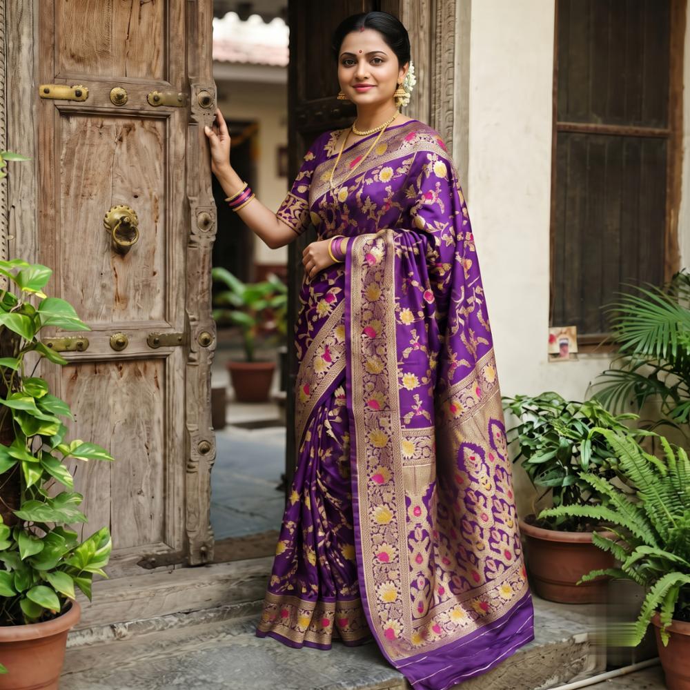 Purple Banarasi Silk Blend Saree with Golden Zari & Meenakari Floral Work