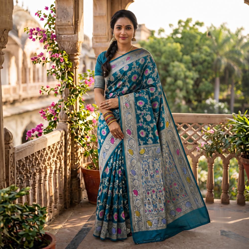 Women's Teal Blue Banarasi Silk Blend Saree with Silver Zari and Meenakari Floral Work
