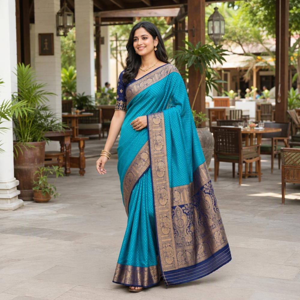 Dual-Tone Rama Blue and Royal Blue Banarasi Silk Blend Saree with Golden Zari Border