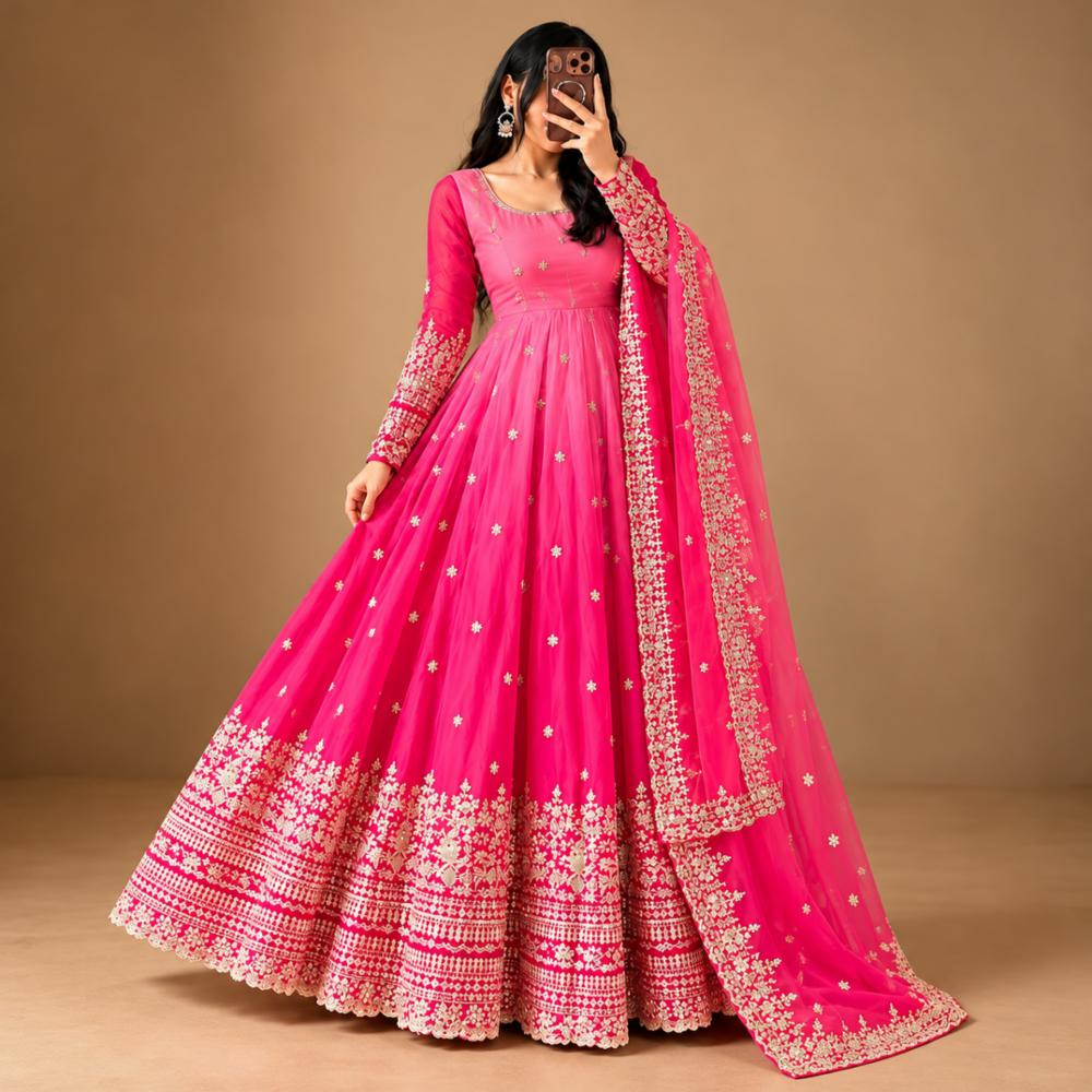 Georgette Embroidered Gown Set with Pant and Dupatta - Fully Stitched