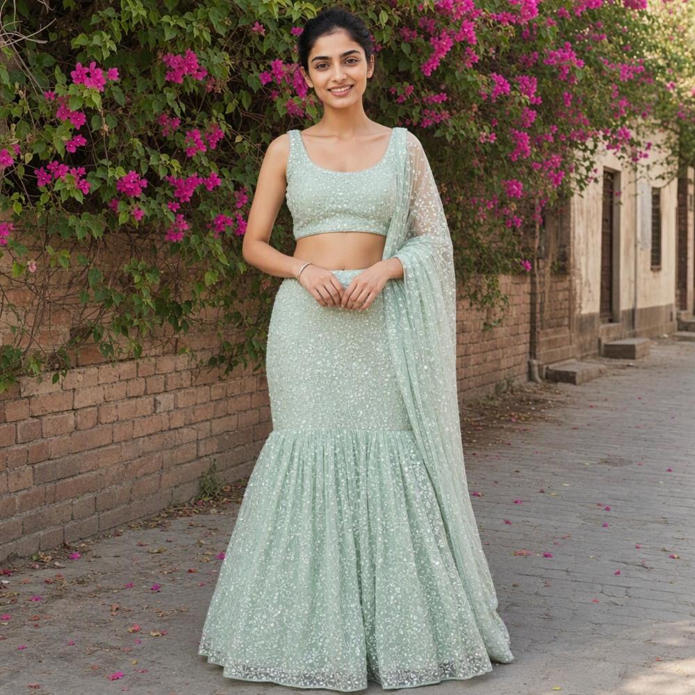 Calki Designer Sea Sky Blue Fish-Cut Lehenga Set with Embroidered Blouse & Dupatta
