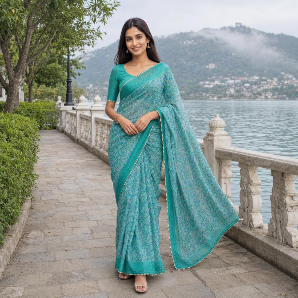 Chiffon Siroski Diamond Printed Saree With Unstitched Blouse Piece