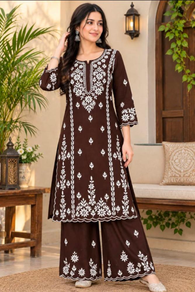 Womenâs Rayon Cutwork Kurti with Palazzo Set