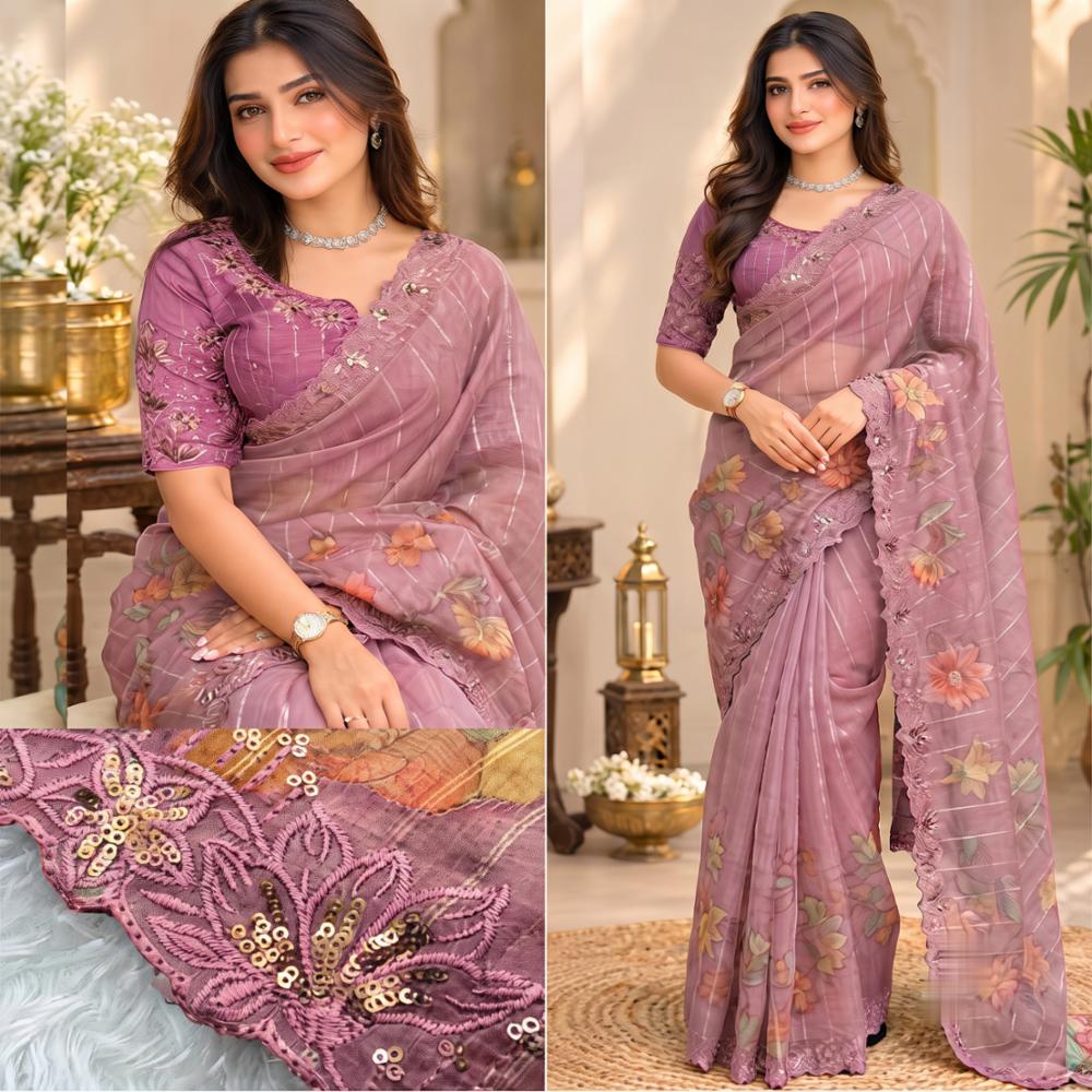 Kashish Glass Organza Saree - Floral Print with Sequin & Thread Embroidery