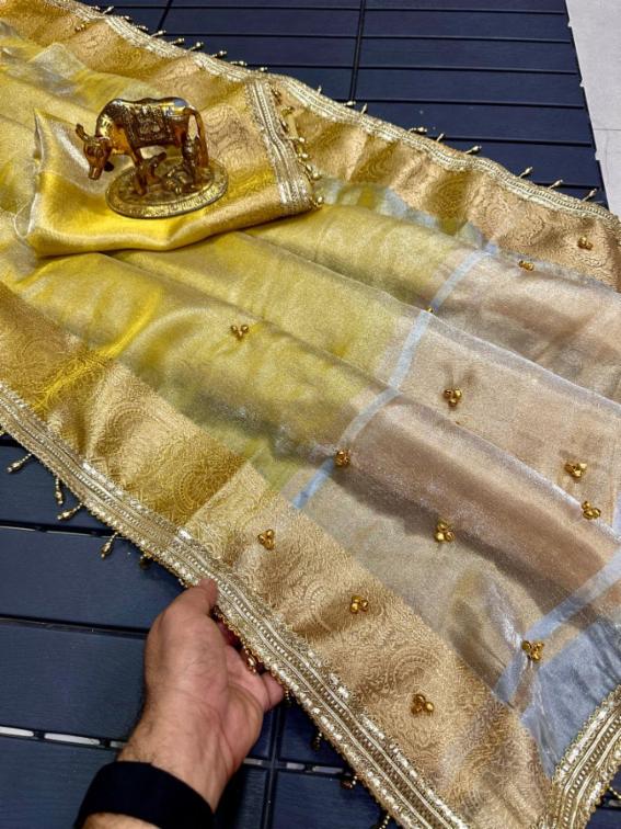 Premium Kanjivaram Tissue Silk Saree with Golden Zari Border & Ghungroo Detailing