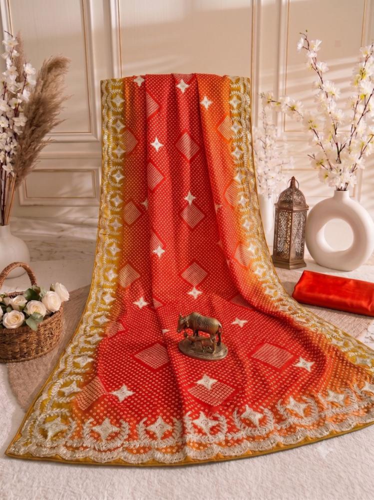 Manmohan Premium Bandhani Print Crape Saree with Heavy Thread Gota Work