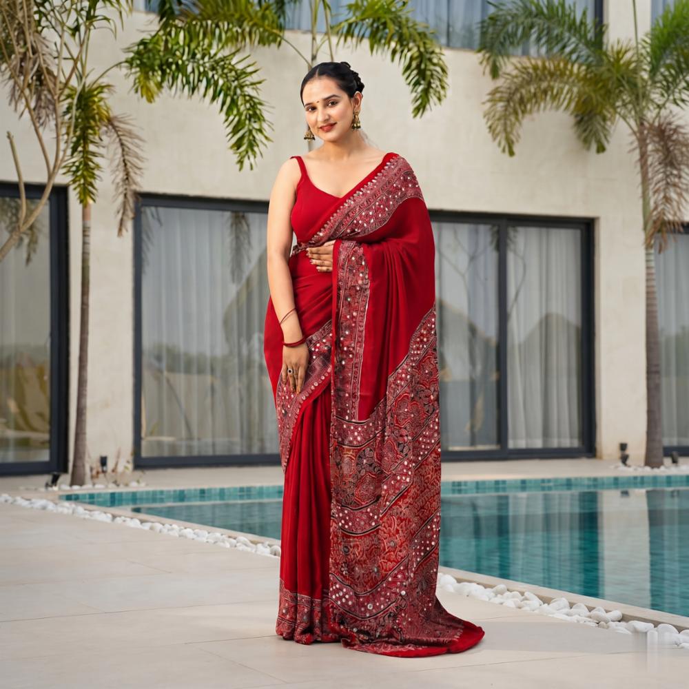 Red Satin Silk Ajrakh Print Saree with Real Mirror Work & Decorative Tassels